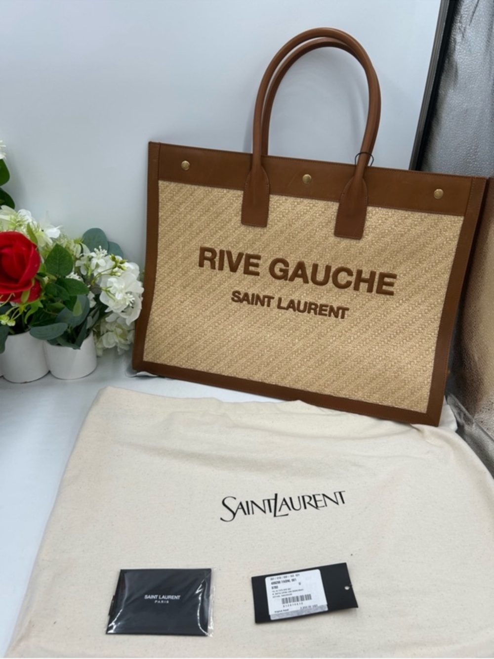 Women’s Saint Laurent RIVE GAUCHE tote bag natural sand, RAFFIAN brick leather - Picture 10 of 15